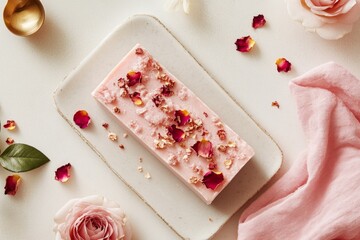 A handcrafted rosewater soap bar with delicate dried rose petals embedded in its surface, placed on a soft pink towel
