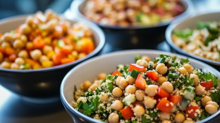 School cafeteria with students eating quinoa salads with chickpeas. Featuring quinoa, chickpeas, and fresh greens