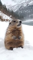 Obraz premium A fluffy marmot sits upright in the snow, gazing towards a snowy mountain lake and forest.