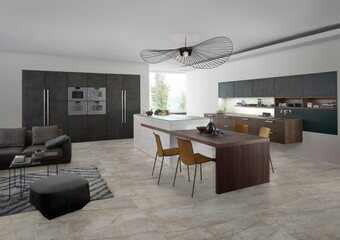 3D Render of Contemporary Open-Plan Kitchen and Living Room with Elegant Finishes and Modern Decor