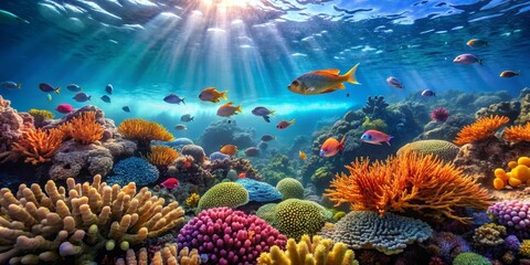 Obraz premium Vibrant underwater scene showcasing a thriving coral reef ecosystem with diverse fish species swimming amidst colorful coral formations and sunbeams penetrating the water's surface.