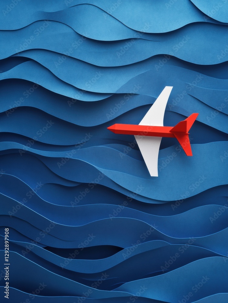 Poster creative model of a paper airplane soaring above textured blue waves made of paper in an artistic di