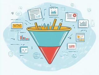 Conversion Funnel: The image presents a creative illustration of a conversion funnel, symbolizing the transformation of leads into customers or the filtering process of data