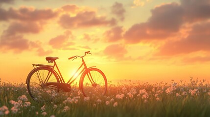 Fototapeta premium Landscape image of vintage bicycle on beautiful sunset