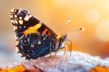 Obraz premium A hyper-realistic butterfly resting on a dew-covered leaf, with intricate wing details and light reflecting off the droplets