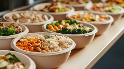 School cafeteria with students eating rice bowls. Featuring brown rice, tofu, and mixed vegetables