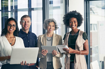 Business notebook, portrait and technology with teamwork for submission workflow and author...