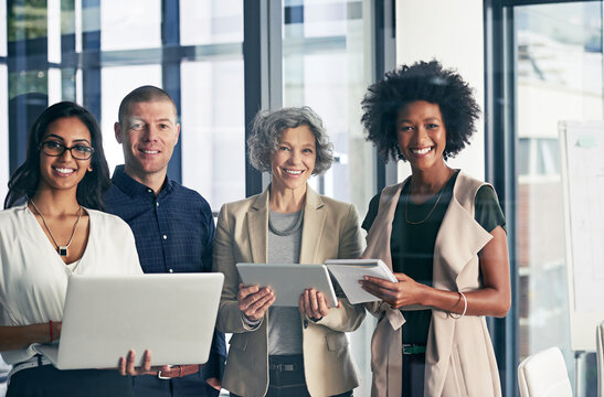 Business notebook, portrait and technology with teamwork for submission workflow and author support. Creative collaboration, people and happy for planning book project or editing at publishing agency