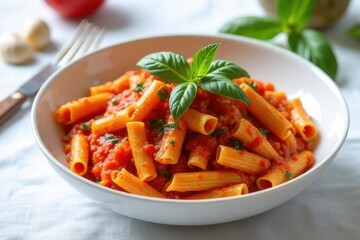 Mouthwatering Bowl of Penne Arrabbiata with Fresh Tomatoes and Herbs on a White Tablecloth