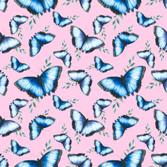 Seamless pattern on a pink background with blue butterflies and twigs.pattern with tropic butterfly.
