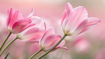 Obraz premium Pink Tulips in the Breeze: Delicate pink tulips sway gently in the wind, their petals fully open, showcasing their vibrant color and elegance, creating a sense of spring beauty and tranquility.