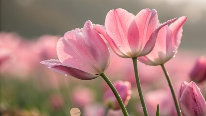 Fototapeta premium Pink Tulips in Sunlight: A captivating close-up showcases a group of delicate pink tulips, their petals gently kissed by sunlight, creating a soft and enchanting display of nature's beauty. 