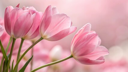 Fototapeta premium Blossoming Beauty: A cluster of delicate pink tulips, their petals gracefully unfurling, captures the essence of springtime, presenting a soft, ethereal glow. 