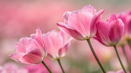 Obraz premium Serene Pink Tulips in Bloom: A close-up shot of a row of delicate pink tulips in full bloom, showcasing their graceful petals and subtle variations in color with soft-focus background. 