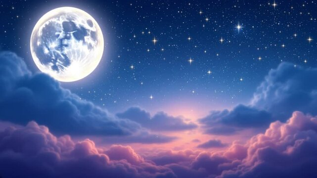 Moon in night sky with clouds and stars. Vector realistic illustration of full moon and crescent on dark midnight sky. Starry outer space with bright glowing planet and fog