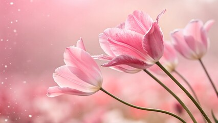 Obraz premium Ethereal Tulip Blooms: Softly lit pink tulip flowers gracefully unfurl against a delicate, dreamy background, creating an atmosphere of serenity and gentle beauty.