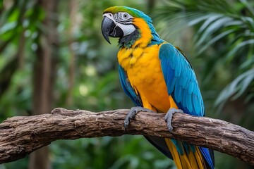 Blue-gold macaw perched on branch, jungle