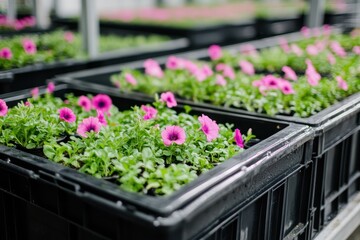 Petunia seedlings in black crates at the garden center for outdoor planting Garden tasks