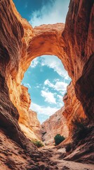Breathtaking canyon arch with warm golden tones and blue sky