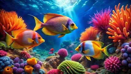 Obraz premium Vibrant Reef Inhabitants Gracefully Swimming Amidst a Kaleidoscope of Coral and Anemone