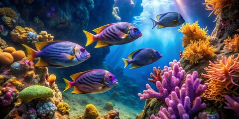 Naklejka premium Vibrant Reef Inhabitants Gracefully Swimming Amongst Colorful Coral and Sponges in an Underwater Paradise