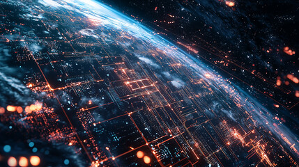 AI-powered space station orbiting Earth with glowing data networks futuristic satellite communication digital infrastructure artificial intelligence and high-tech global connectivity in outer space