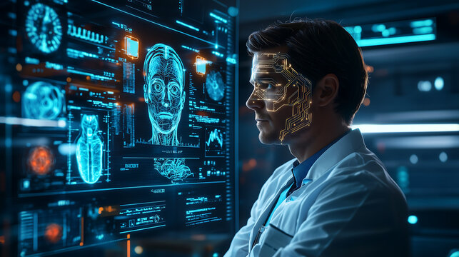 Futuristic AI-driven medical lab with glowing holographic diagnostics featuring artificial intelligence cybernetic innovation smart healthcare technology and advanced neural data analysis