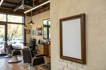 Blank frame on barber shop wall. Empty sign for advertisement