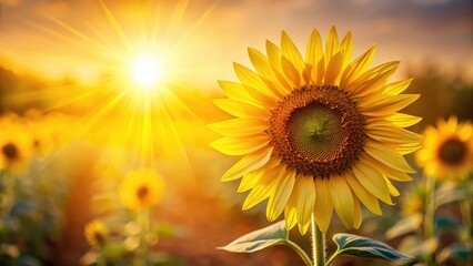 Fototapeta premium Warm sunlight illuminates a bright yellow sunflower , flowers, nature