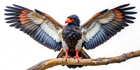 Bateleur eagle perched on a branch with outstretched wings isolated on white background, showcasing its distinctive feathers and sharp beak, sharp beak , isolation