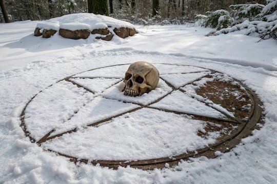 skull in magic circle on ground. Chthonic sacrifice and ritual