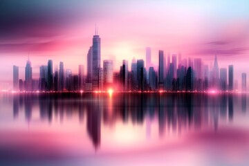 Fototapeta premium A pixel art cityscape with pink skies and animated lights glowing in the windows of tiny pixelated buildings