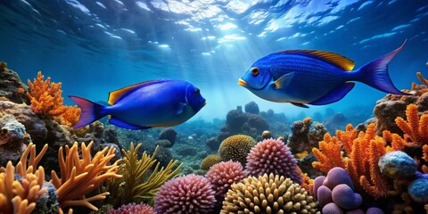 Vibrant Underwater Scene Featuring Two Blue Fish Swimming Gracefully Above a Lush Coral Reef