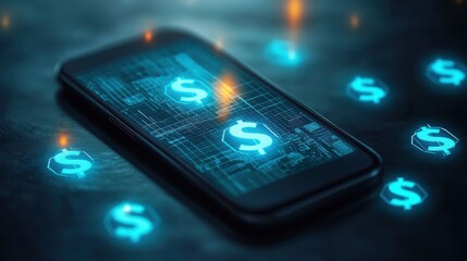Digital Dollars: A futuristic smartphone illuminates with glowing dollar signs, representing modern financial transactions and the digital economy, creating a sense of wealth.