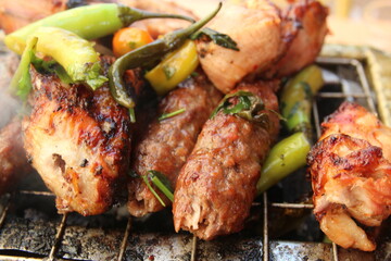 Grilled Arabic-style chicken and beef served hot in a Cairo restaurant, Egypt