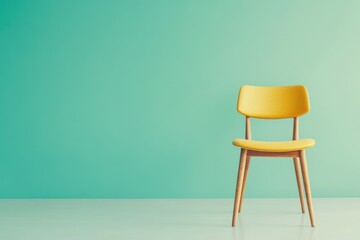 A brightly colored yellow chair stands in front of a green wall