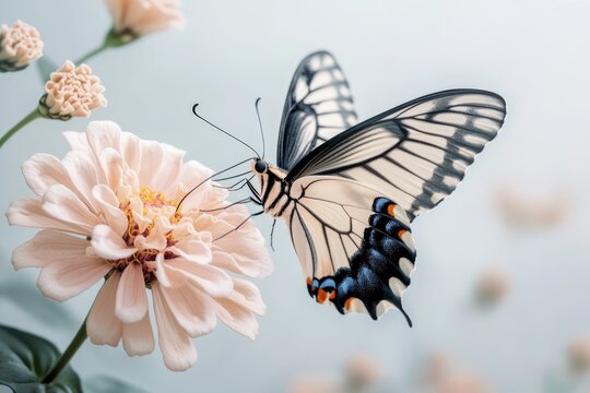 A serene garden scene with a butterfly drinking nectar from a bright pink zinnia flower