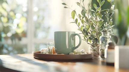 Green ceramic mug on a wooden tray with small decorative stones and a glass of capsules.