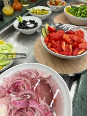 Variety of colourful vegetables and fruits buffet on display on a Nile cruise