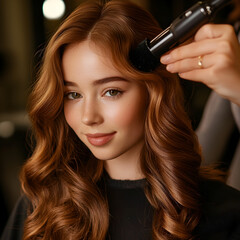 Fototapeta premium A professional stylist carefully styles a young woman's hair in a salon, her hands deftly working with a curling iron to create a beautiful, voluminous look