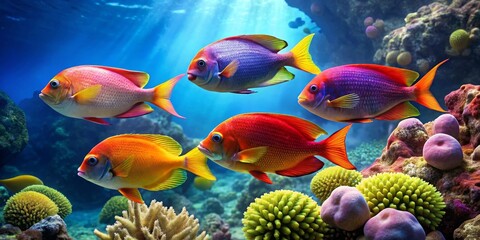 Fototapeta premium Vibrant Reef Fish Swimming Gracefully Amidst Colorful Coral and Lush Underwater Flora