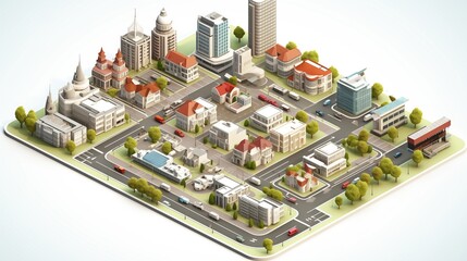3D isometric set of isolated high-quality city maps, featuring detailed streets, buildings, and urban planning on a white background