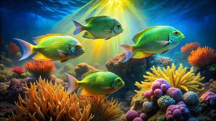 Naklejka premium Vibrant Reef Scene Featuring Four Tropical Fish Swimming Amidst Colorful Coral and Underwater Flora