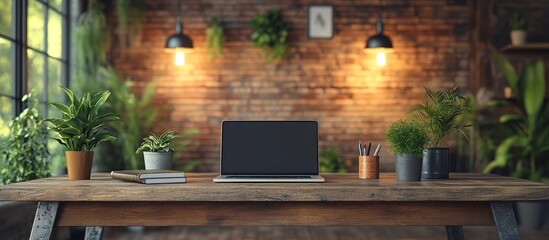 Laptop on wooden desk with plants and brick wall background.