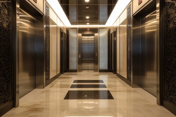 Realistic photo of chrome office elevator doors operating between floors with a push button for up and down