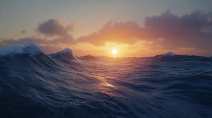 Obraz premium Vibrant ocean waves under a colorful sunset with dramatic clouds. Peaceful seascape view at dusk. Nature and tranquility concept