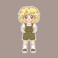Cute little girl with curly hair in green overalls. Vector illustration.