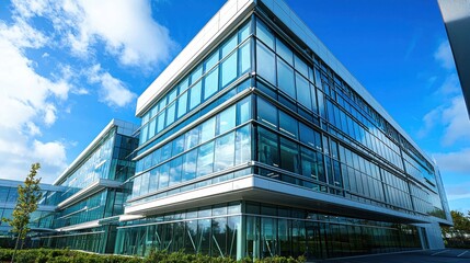 Fototapeta premium A modern glass office building with a sleek design, surrounded by greenery under a bright blue sky.