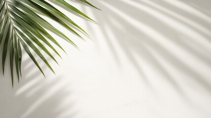 Fototapeta premium Elegant palm leaf casting soft shadows on a white wall, showcasing nature's beauty and minimalism.