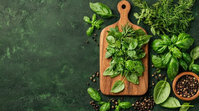 Fresh herbs and spices on dark surface. Food photography for recipe blog
